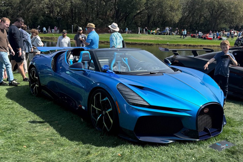 a blue bugatti mistral showcased at the 2026 amelia concours