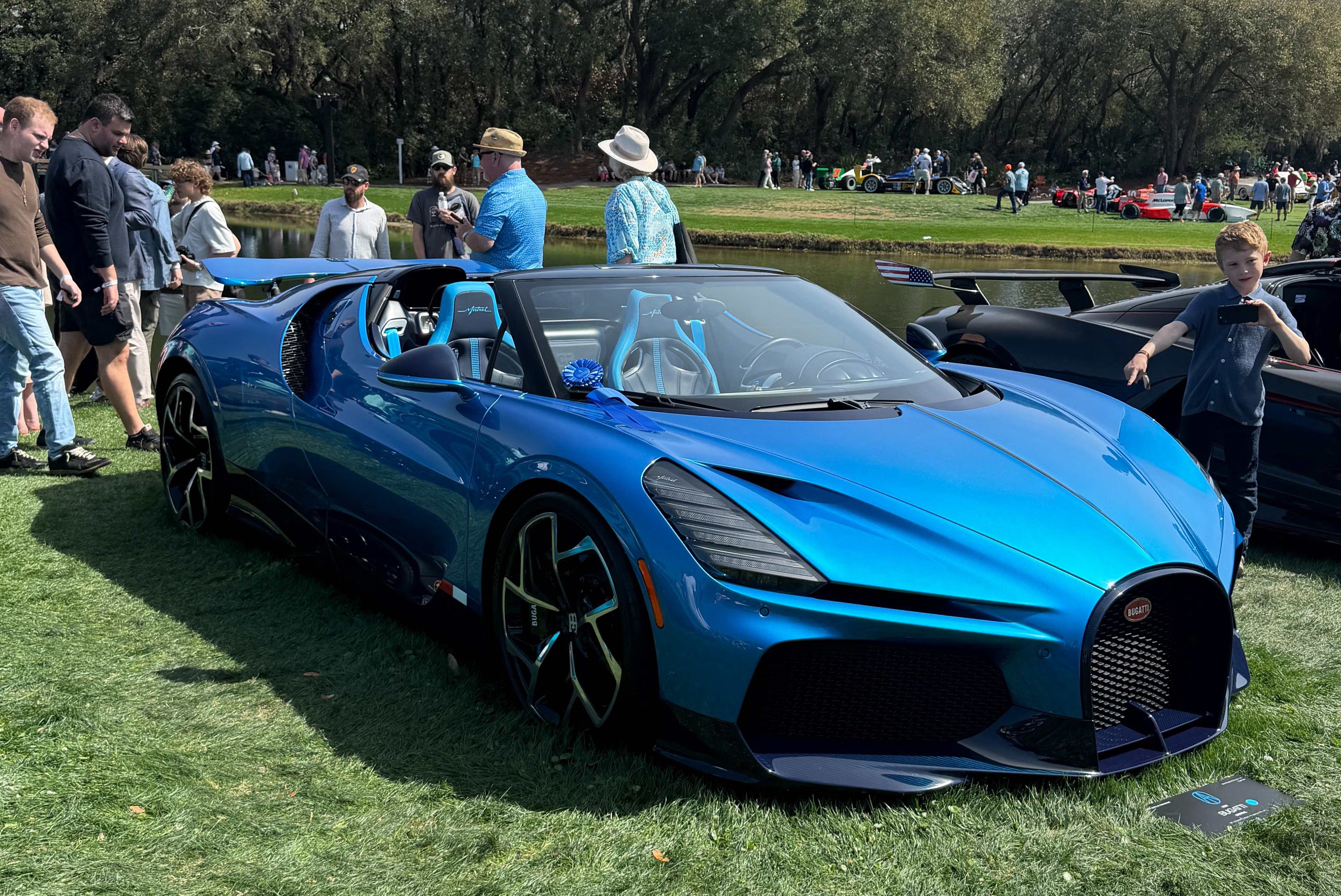 a blue bugatti mistral showcased at the 2026 amelia concours
